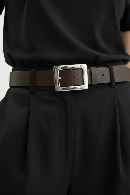 Women's Brown Silver Buckle Belt-Brown - 2