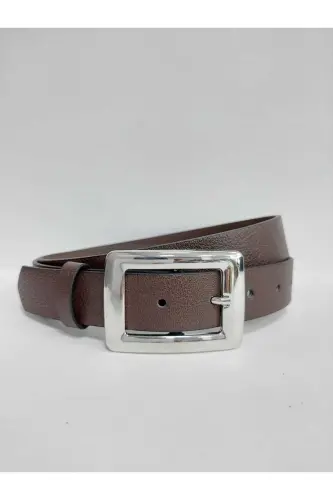 Women's Brown Silver Buckle Belt-Brown - 3