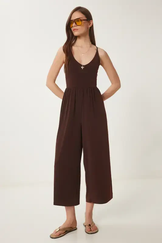 Women's Brown Spaghetti Strap V-Neck Knit Jumpsuit UB00067-Brown - HAPPINESS İSTANBUL