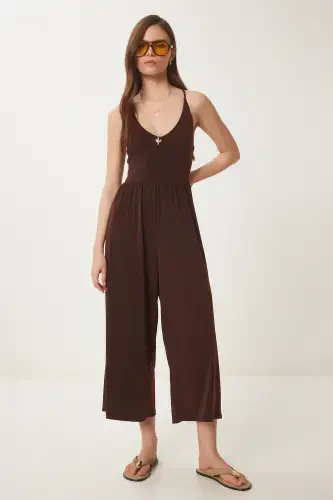 Women's Brown Spaghetti Strap V-Neck Knit Jumpsuit UB00067-Brown - HAPPINESS İSTANBUL (1)