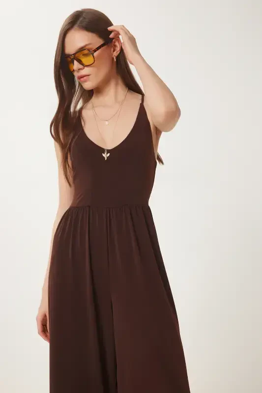 Women's Brown Spaghetti Strap V-Neck Knit Jumpsuit UB00067-Brown - 3