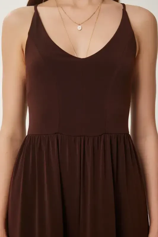 Women's Brown Spaghetti Strap V-Neck Knit Jumpsuit UB00067-Brown - 4