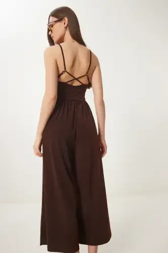 Women's Brown Spaghetti Strap V-Neck Knit Jumpsuit UB00067-Brown - 6