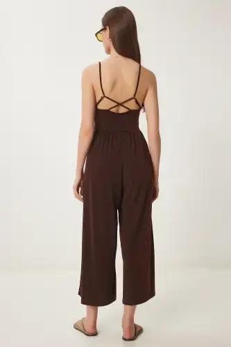 Women's Brown Spaghetti Strap V-Neck Knit Jumpsuit UB00067-Brown - 7