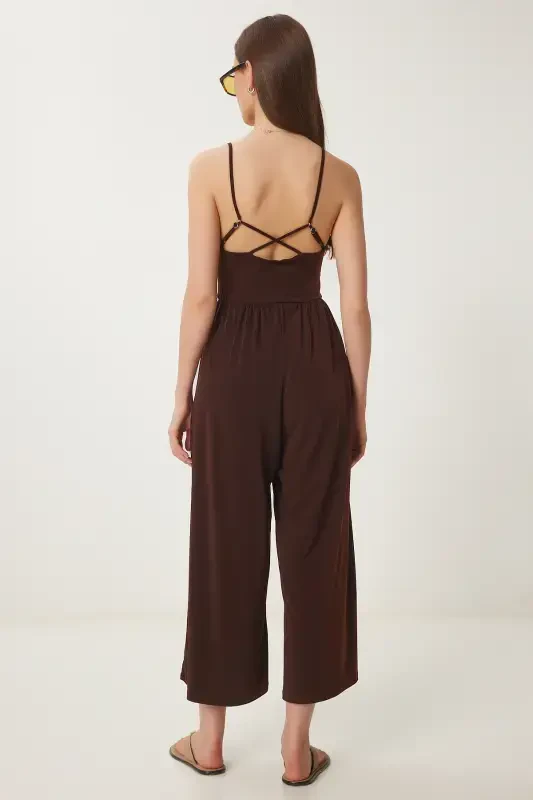 Women's Brown Spaghetti Strap V-Neck Knit Jumpsuit UB00067-Brown - 7