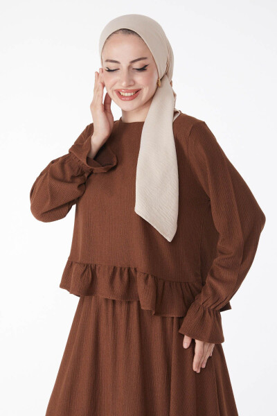 Women's Brown Squirrel Blouse + Skirt Set with Plain Crew Neck - 25263 - 13