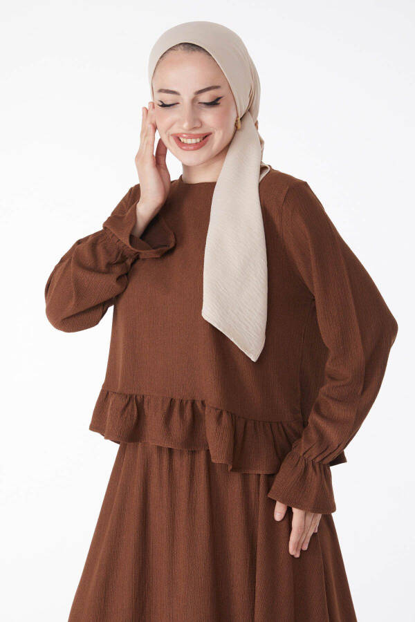 Women's Brown Squirrel Blouse + Skirt Set with Plain Crew Neck - 25263 - 3