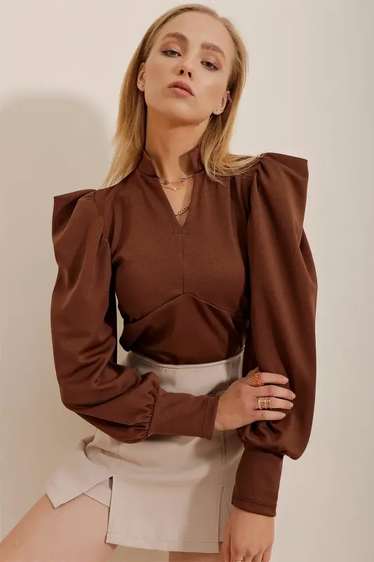 Women's Brown Stand Collar Princess Sleeve Knitted Crop Blouse ALC-X9659-Brown - 1