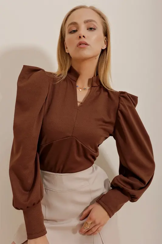 Women's Brown Stand Collar Princess Sleeve Knitted Crop Blouse ALC-X9659-Brown - 3