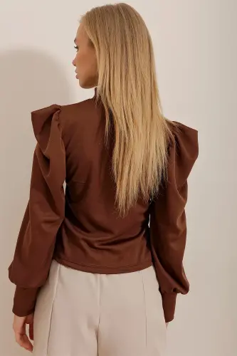 Women's Brown Stand Collar Princess Sleeve Knitted Crop Blouse ALC-X9659-Brown - 5