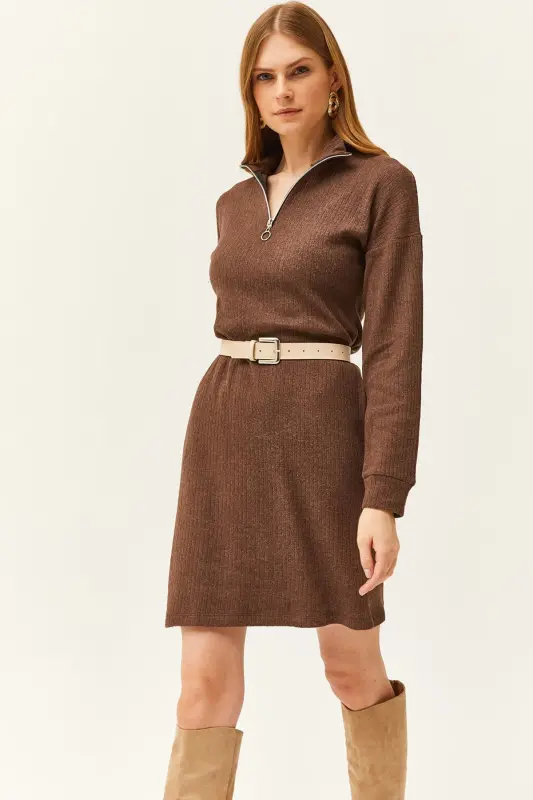 Women's Brown Stand-up Collar Zippered Oversize Dress ELB-19002023-Brown - OLALOOK