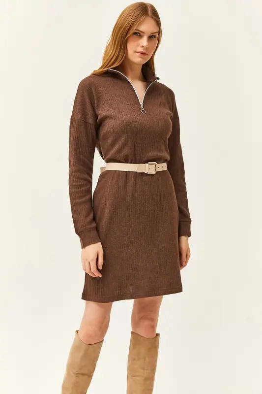 Women's Brown Stand-up Collar Zippered Oversize Dress ELB-19002023-Brown - 2