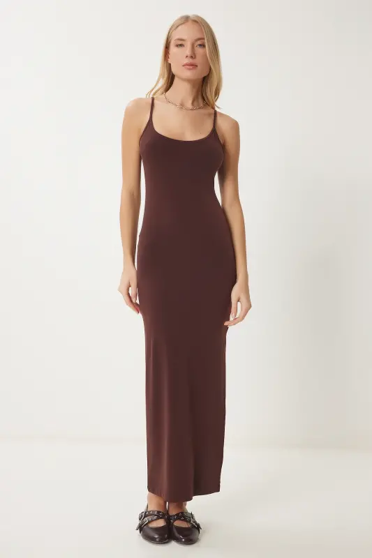 Women's Brown Strap Wrap Summer Long Knitted Dress UB00027-Brown - 1
