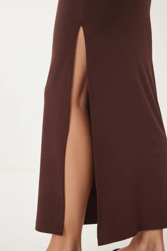 Women's Brown Strap Wrap Summer Long Knitted Dress UB00027-Brown - 6