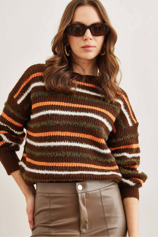 Women's Brown Striped Beard Detailed Soft Knitted Sweater KZK-19000893 - 2