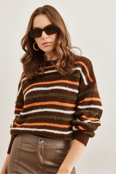 Women's Brown Striped Beard Detailed Soft Knitted Sweater KZK-19000893 - 3