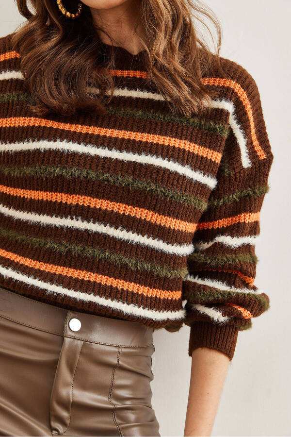 Women's Brown Striped Beard Detailed Soft Knitted Sweater KZK-19000893 - 6