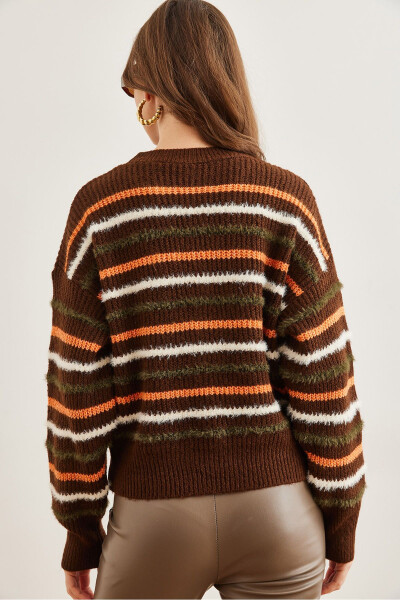 Women's Brown Striped Beard Detailed Soft Knitted Sweater KZK-19000893 - 7