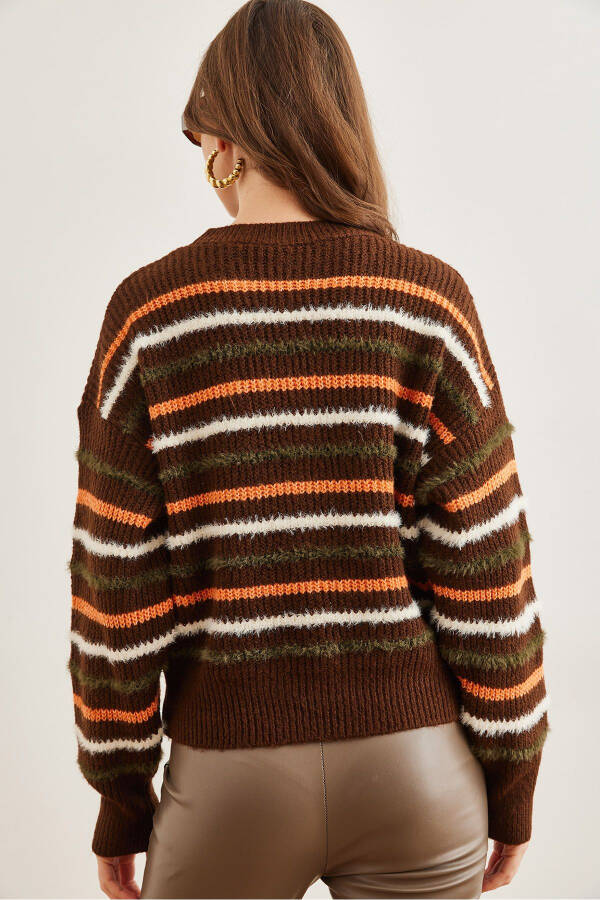 Women's Brown Striped Beard Detailed Soft Knitted Sweater KZK-19000893 - 7