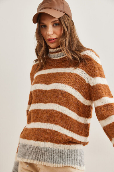 Women's Brown Striped Turtleneck Soft Textured Knit Sweater KZK-19000915 - 3