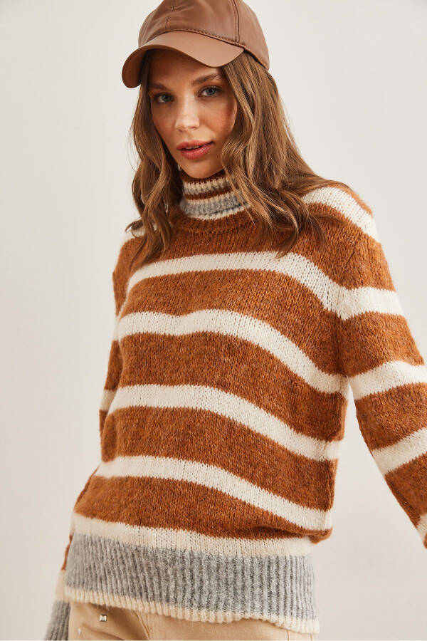 Women's Brown Striped Turtleneck Soft Textured Knit Sweater KZK-19000915 - 3