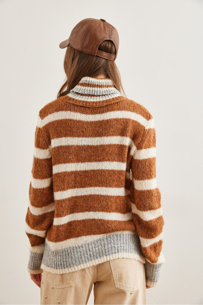 Women's Brown Striped Turtleneck Soft Textured Knit Sweater KZK-19000915 - 6