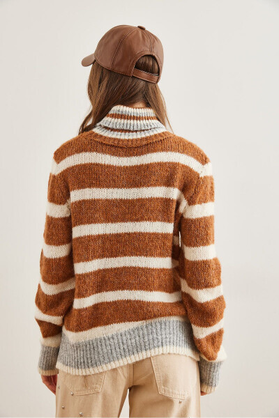 Women's Brown Striped Turtleneck Soft Textured Knit Sweater KZK-19000915 - 13