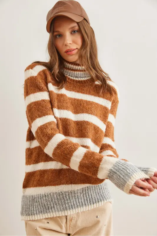 Women's Brown Striped Turtleneck Soft Textured Knit Sweater KZK-19000915 - 2