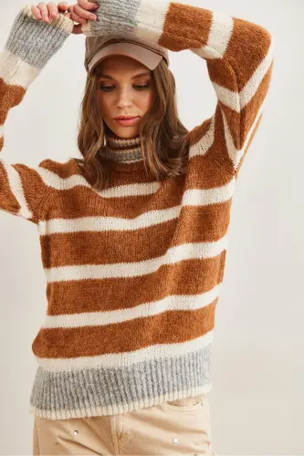 Women's Brown Striped Turtleneck Soft Textured Knit Sweater KZK-19000915 - 5