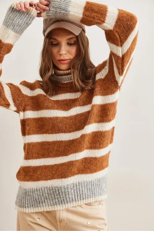 Women's Brown Striped Turtleneck Soft Textured Knit Sweater KZK-19000915 - 5
