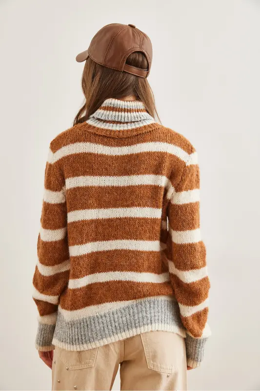 Women's Brown Striped Turtleneck Soft Textured Knit Sweater KZK-19000915 - 7