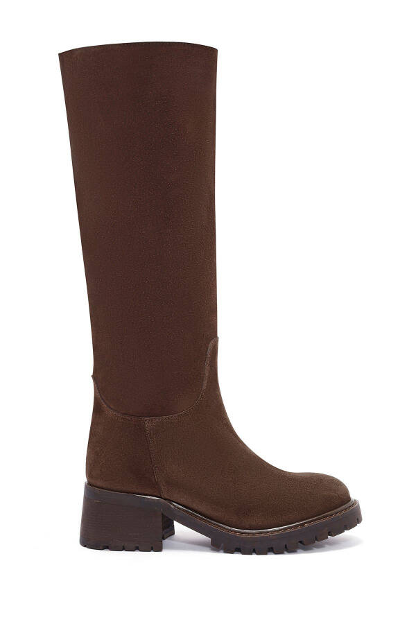 Women's Brown Suede Leather Boots with Thick Heels - 1