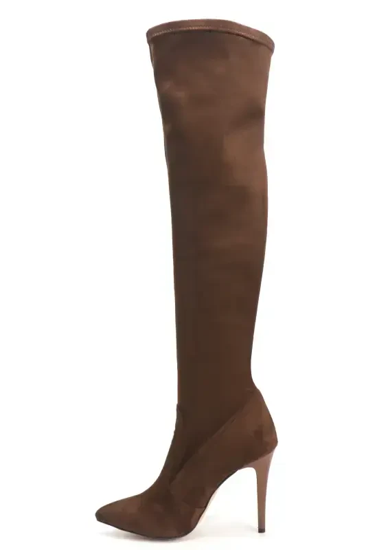 Women's Brown Suede Stretch Over-the-Knee Stocking Boot-Brown - 2