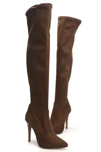 Women's Brown Suede Stretch Over-the-Knee Stocking Boot-Brown - 3