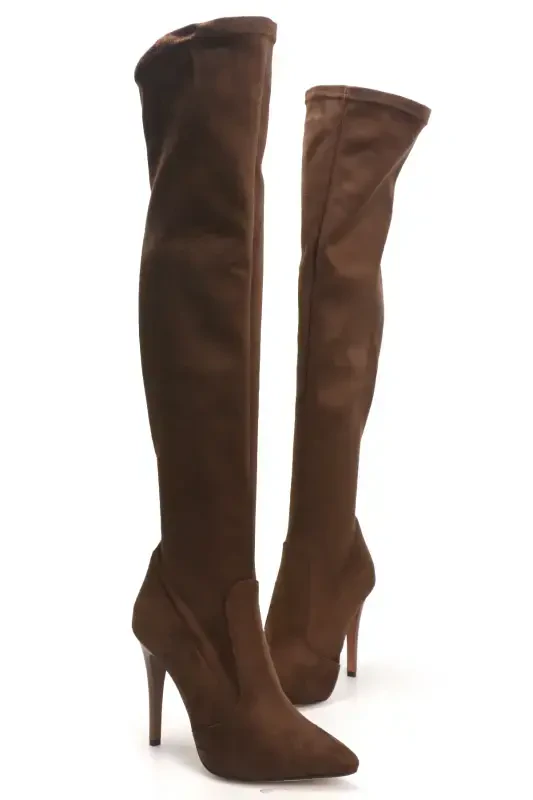 Women's Brown Suede Stretch Over-the-Knee Stocking Boot-Brown - 3