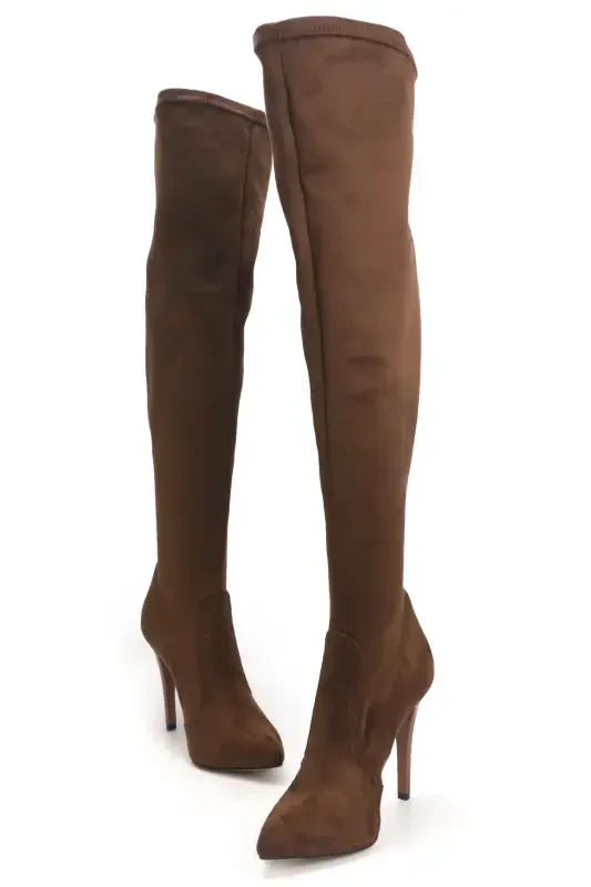 Women's Brown Suede Stretch Over-the-Knee Stocking Boot-Brown - 4