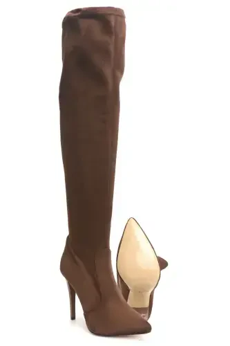 Women's Brown Suede Stretch Over-the-Knee Stocking Boot-Brown - 5