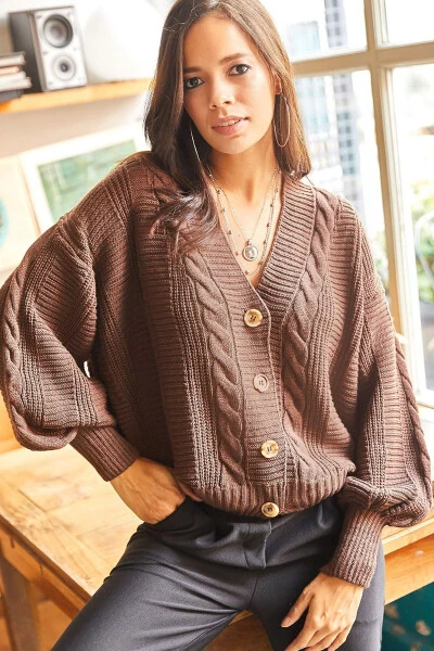 Women's Brown Thick Hair Knitted Braid Cardigan HRK-19000082 - OLALOOK