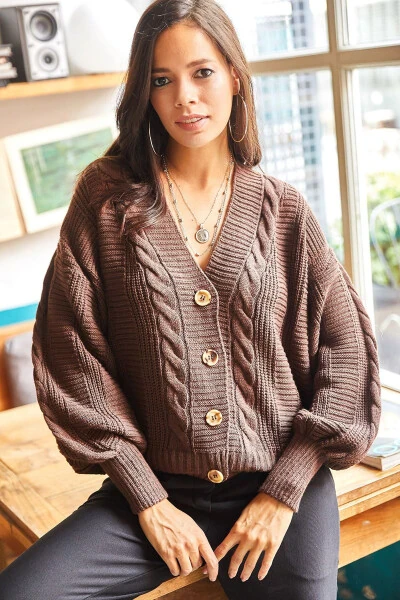 Women's Brown Thick Hair Knitted Braid Cardigan HRK-19000082 - OLALOOK (1)