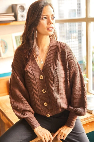 Women's Brown Thick Hair Knitted Braid Cardigan HRK-19000082 - 3