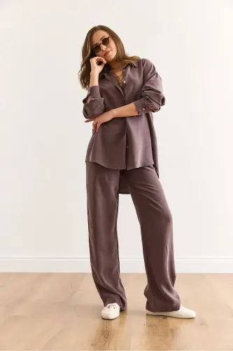 Women's Brown Top Shirt Bottom Pocketed Palazzo Soft - 7