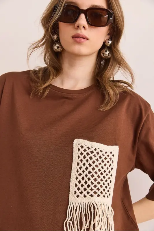 Women's Brown Trimmed T-Shirt TSH-19000768-Coffee - 5