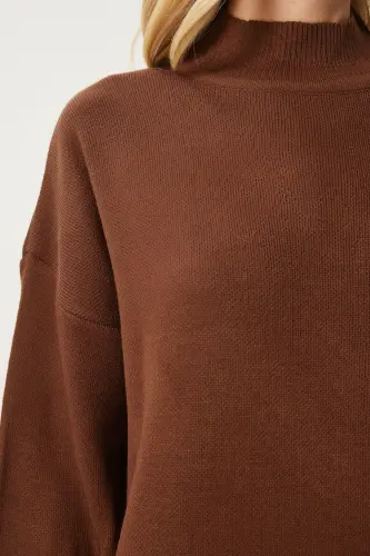 Women's Brown Turtleneck Long Knit Dress DD01344-Brown - 4