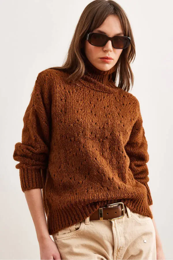 Women's Brown Turtleneck Sweater Soft Touch Knitwear KZK-19000892 - 1