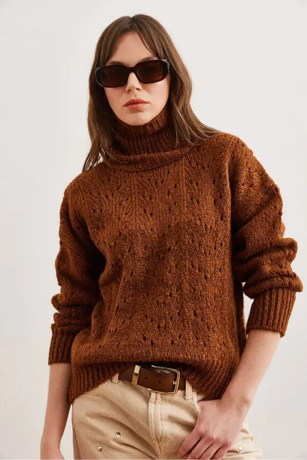 Women's Brown Turtleneck Sweater Soft Touch Knitwear KZK-19000892 - 2