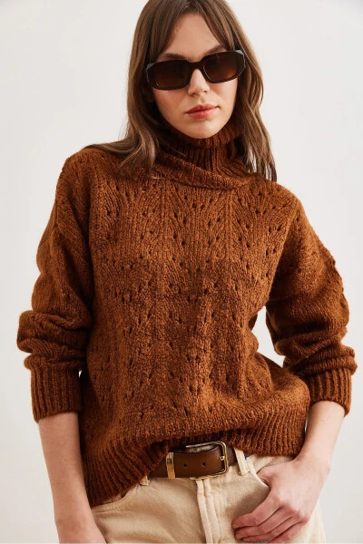 Women's Brown Turtleneck Sweater Soft Touch Knitwear KZK-19000892 - 4
