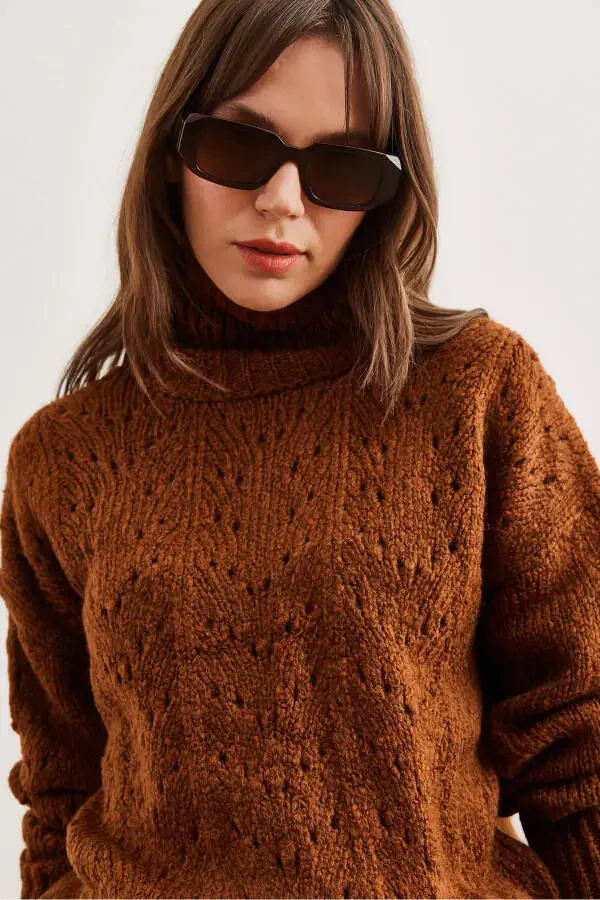 Women's Brown Turtleneck Sweater Soft Touch Knitwear KZK-19000892 - 5