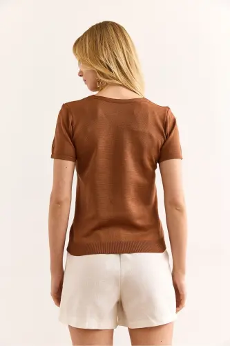 Women's Brown V Neck Short Sleeve Basic Knit Blouse - OLALOOK (1)