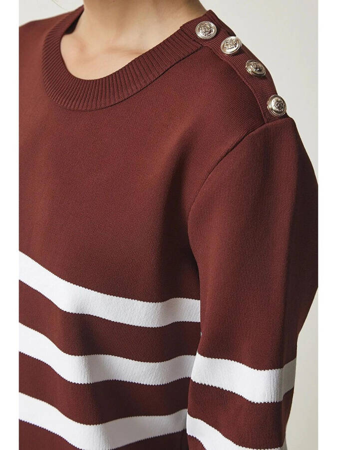 Women's Brown White Striped Off-Shoulder Button Detail Crew Neck Sweater HZL24W-BD1102081 - 6