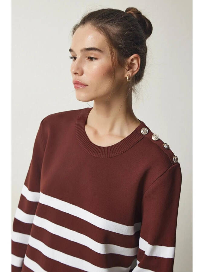Women's Brown White Striped Off-Shoulder Button Detail Crew Neck Sweater HZL24W-BD1102081 - 7